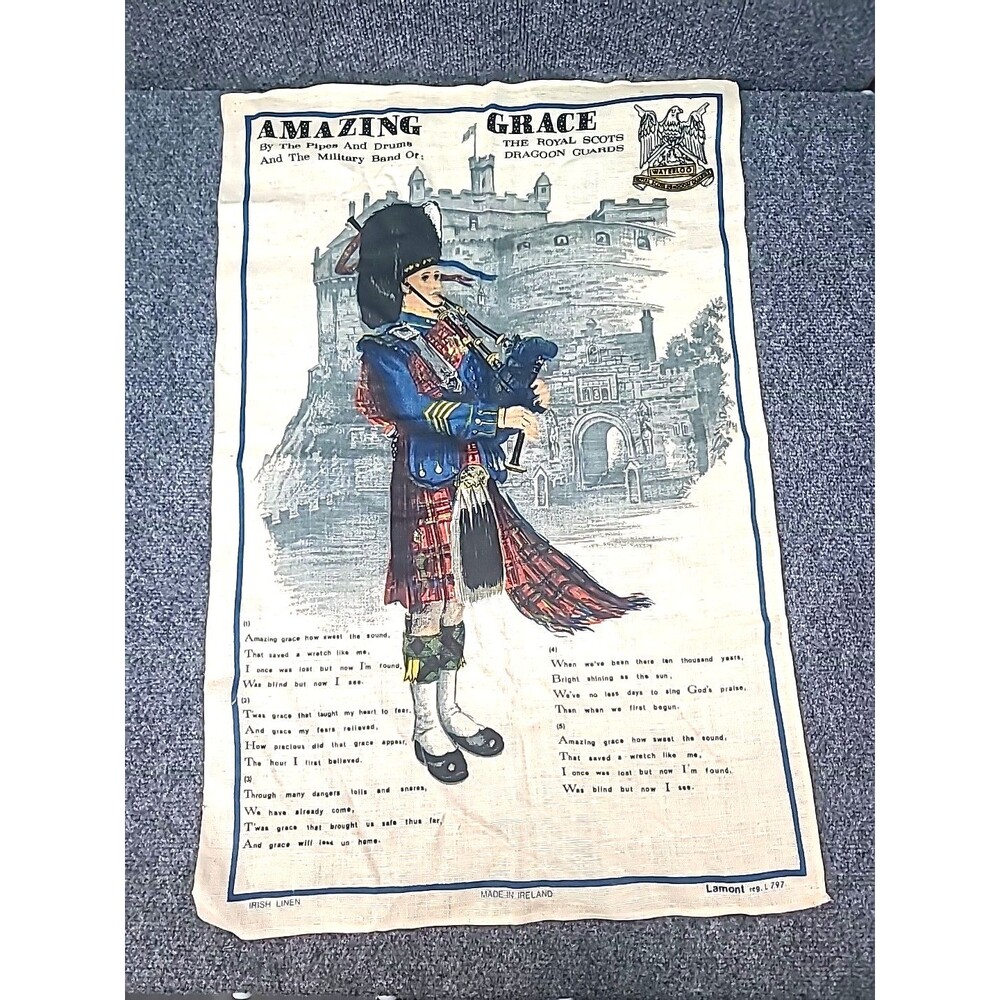 Vintage Amazing Grace Waterloo Royal Scots Ireland 29”x 19” Tea Towel / linen.